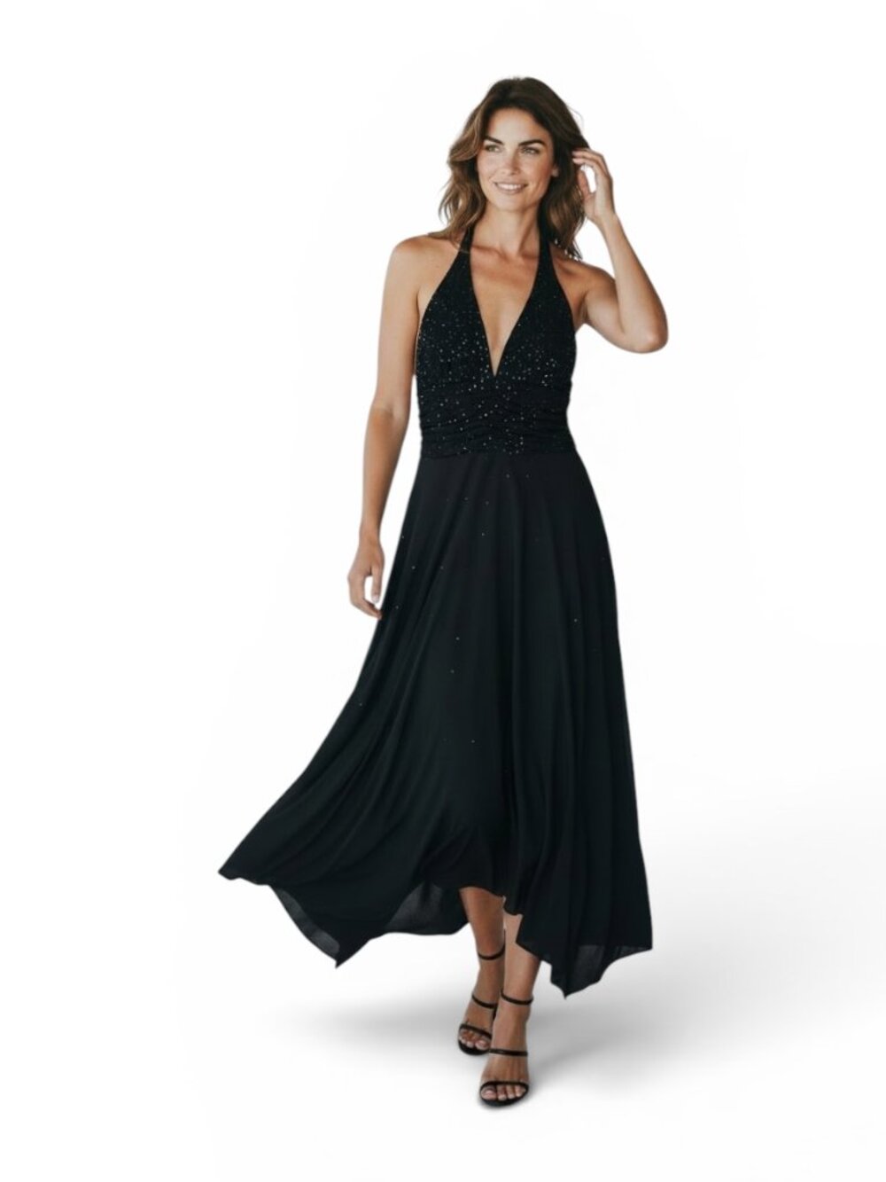 Morgan & Co Black Sequin Halter Gown Dress Size 4 Beaded Maxi Evening Formal NYE